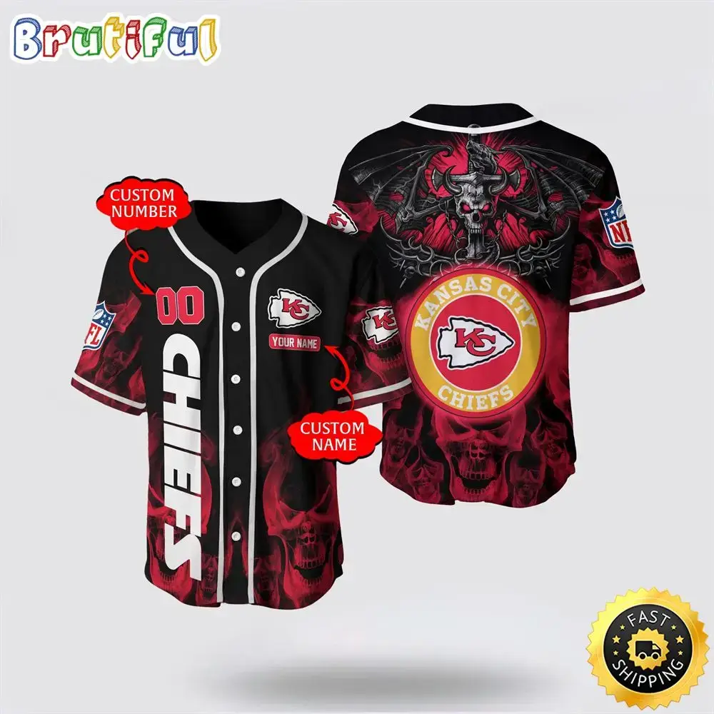 NFL Kansas City Chiefs Baseball Jersey 3D Personalized Skull Customization Options Available Image