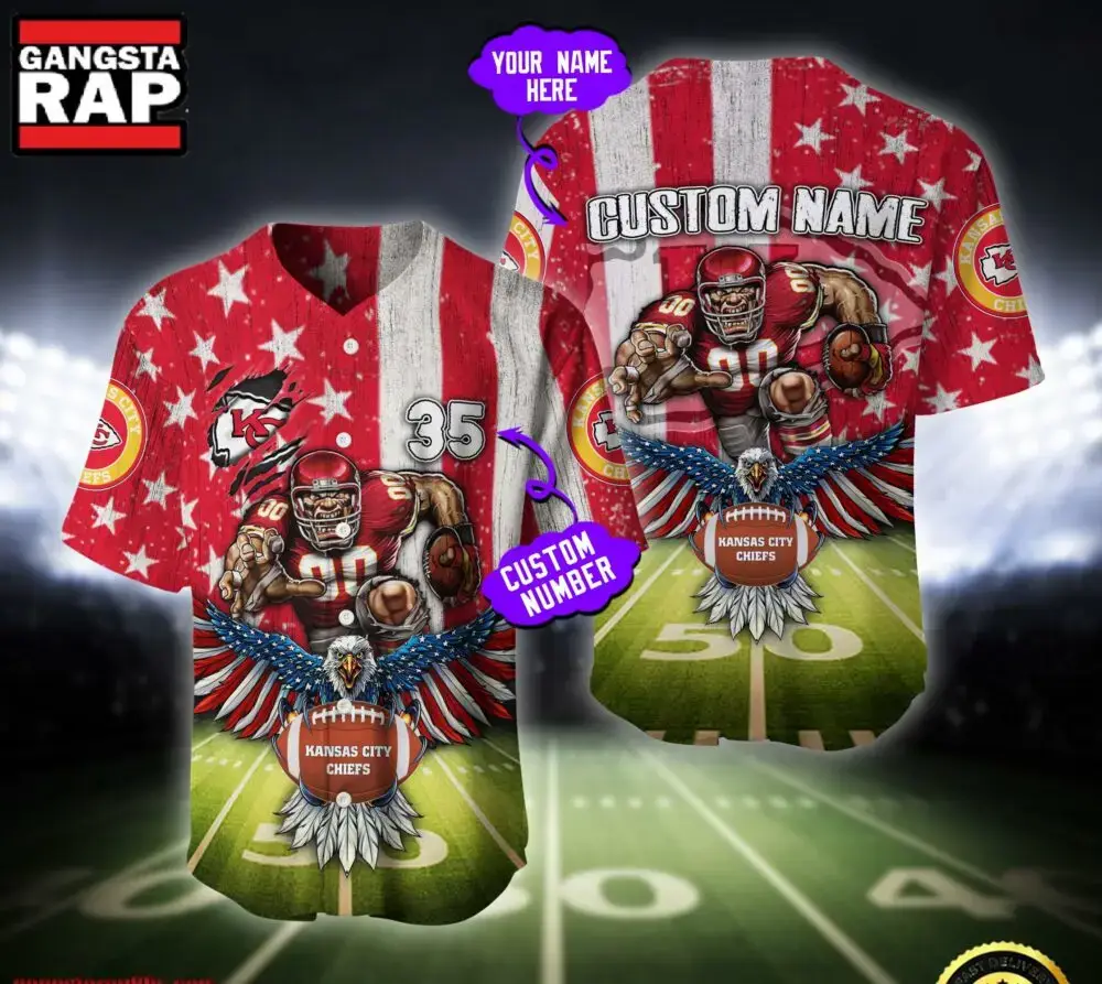 NFL Kansas City Chiefs Eagle US Flag x Veterans Custom Name Number Baseball Jersey Shirt Image