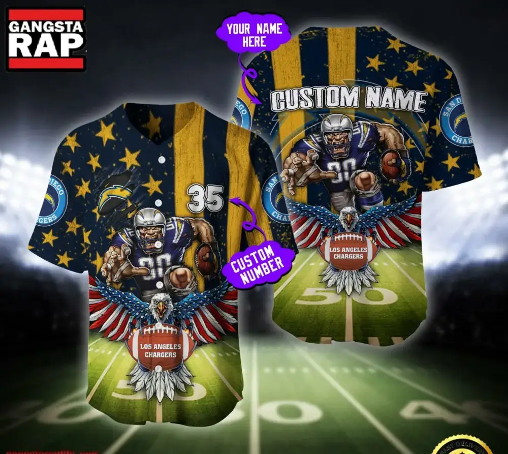 NFL Los Angeles Chargers Eagle US Flag x Veterans Custom Name Number Baseball Jersey Shirt Image