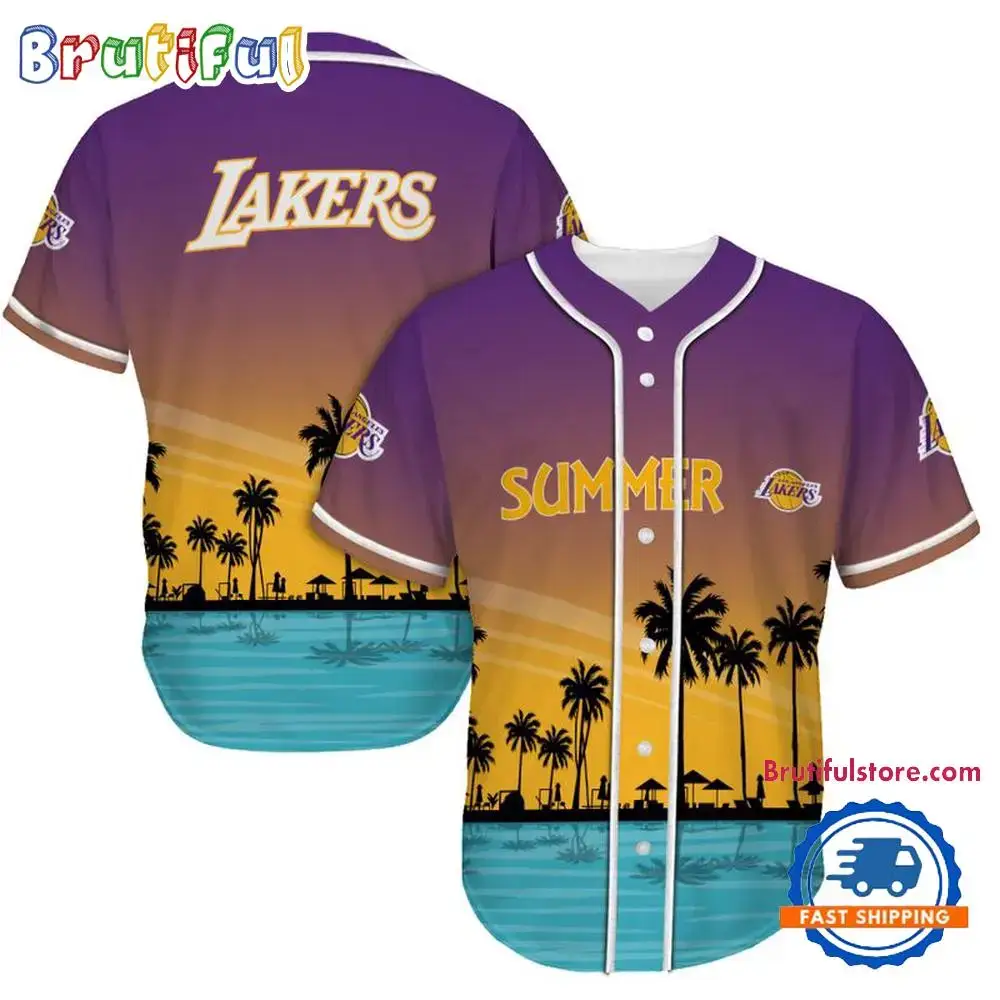 NFL Los Angeles Lakers Palm Trees Summer On The Beach Baseball Jersey Image