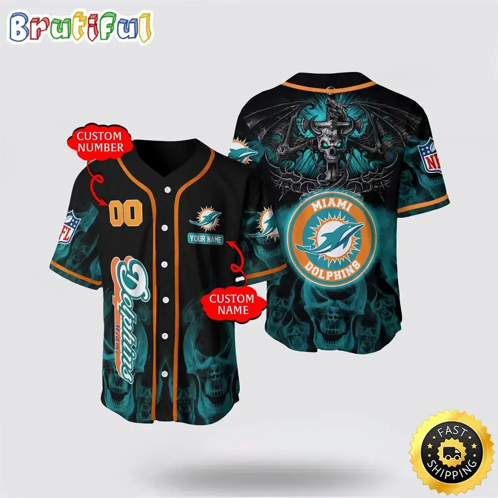 NFL Miami Dolphins Baseball Jersey 3D Personalized Skull Customization Options Available Image