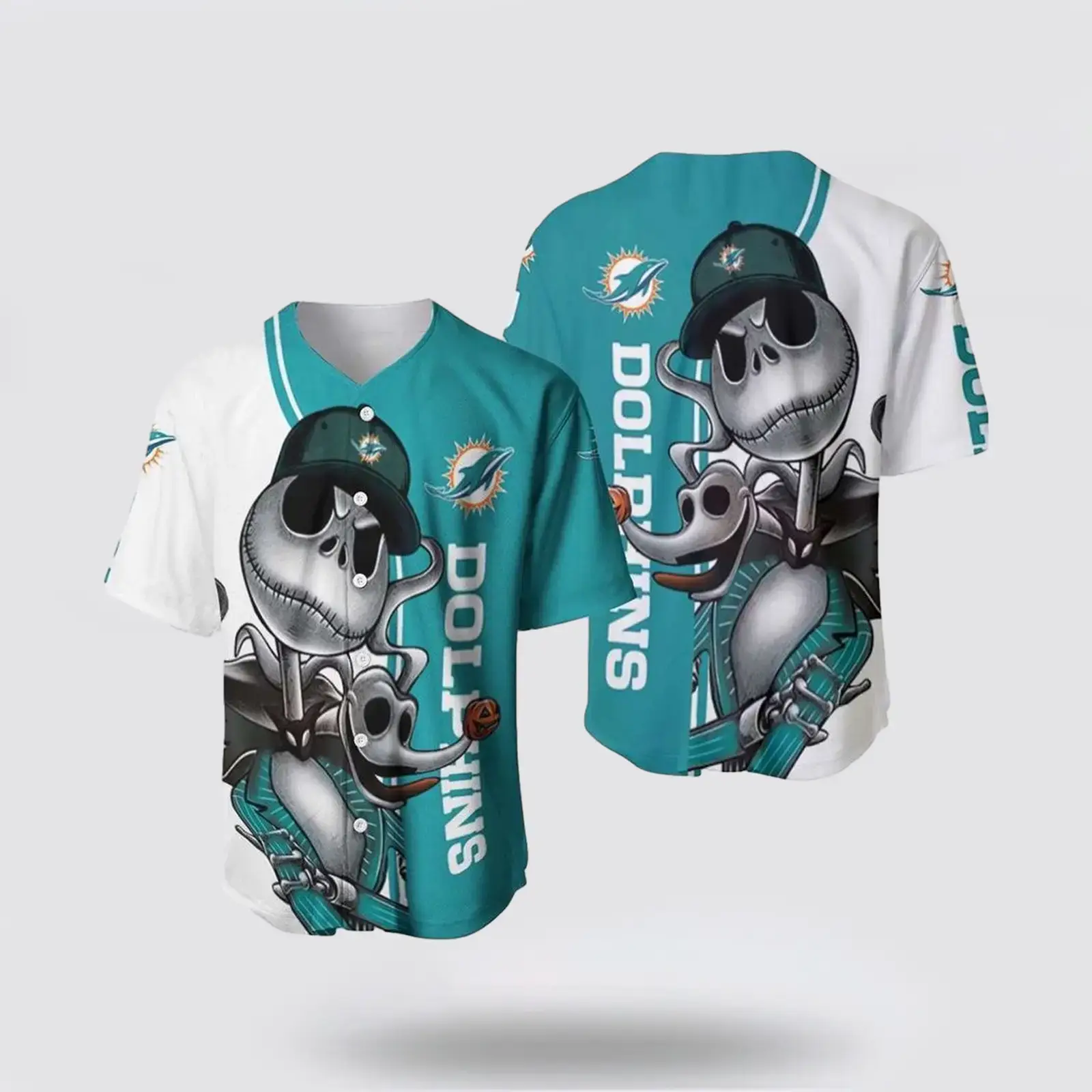 NFL Miami Dolphins Baseball Jersey Jack Skellington And Zero Perfect Your Team Pride In Laid Back Fashion Image