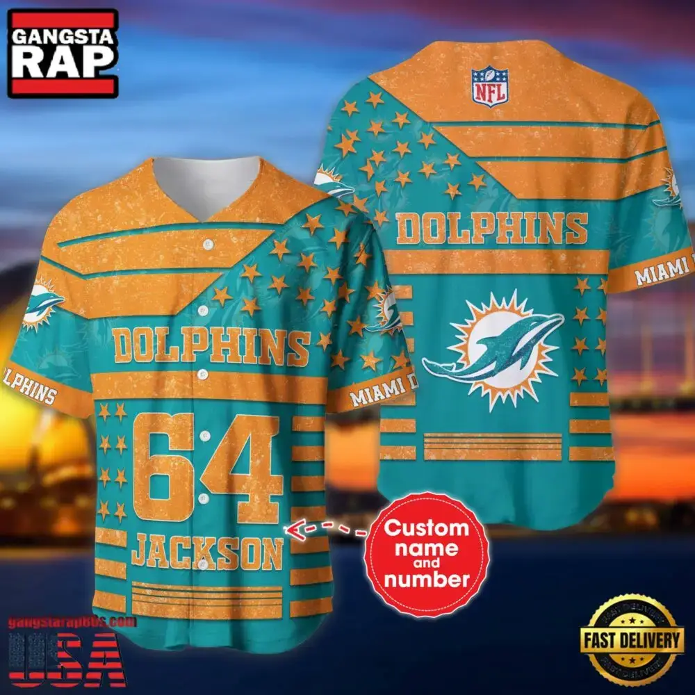 NFL Miami Dolphins Custom Name Number Name Number American Flag Baseball Jersey Shirt Image