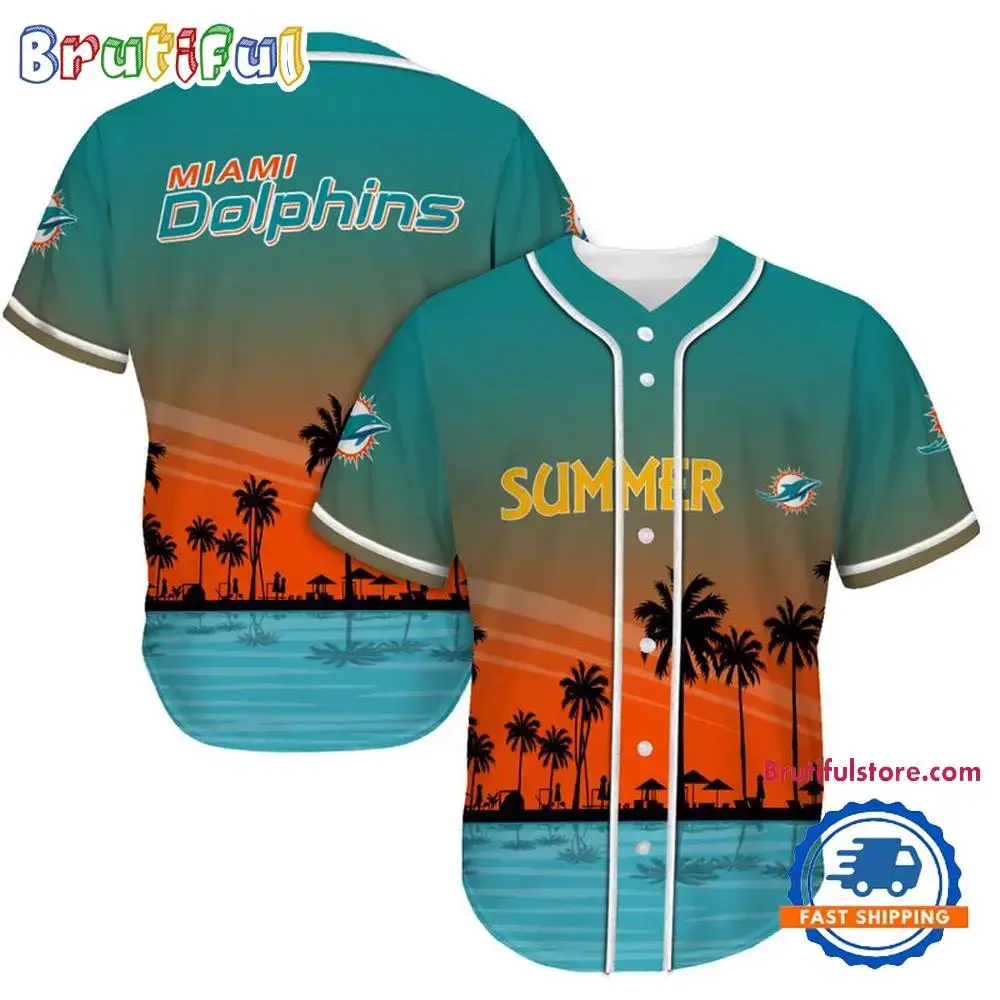 NFL Miami Dolphins Palm Trees Summer On The Beach Baseball Jersey Image