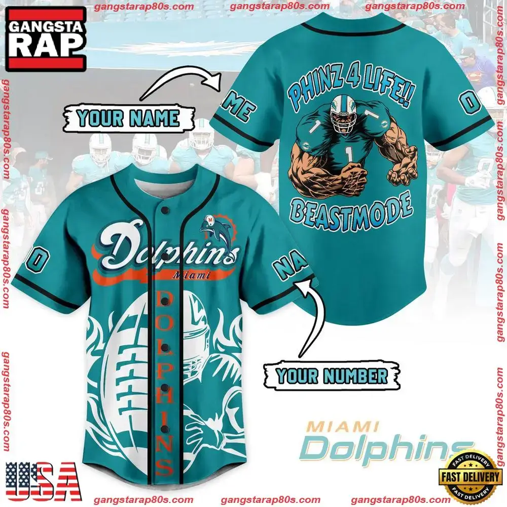 NFL Miami Dolphins Phinz 4 Life Beastmode Custom Name Number Baseball Jersey Image