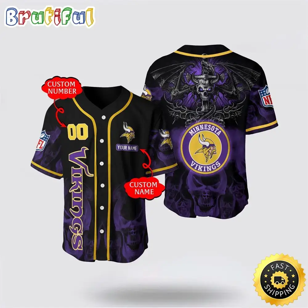 NFL Minnesota Vikings Baseball Jersey 3D Personalized Skull Customization Options Available Image