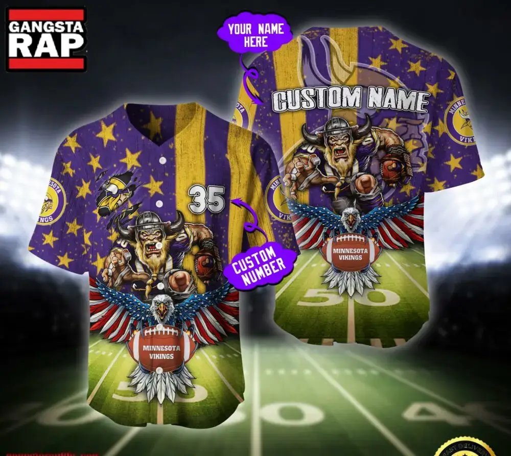 NFL Minnesota Vikings Eagle US Flag x Veterans Custom Name Number Baseball Jersey Shirt Image
