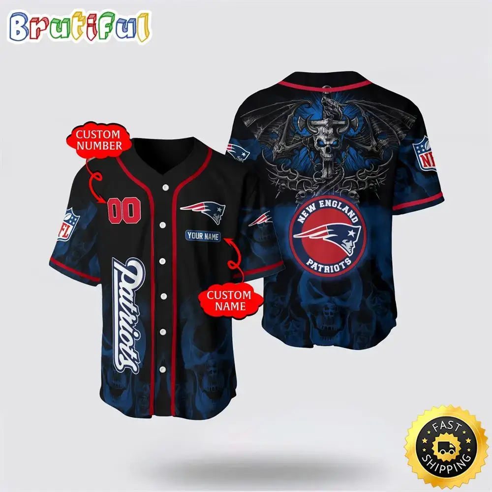 NFL New England Patriots Baseball Jersey 3D Personalized Skull Customization Options Available Image