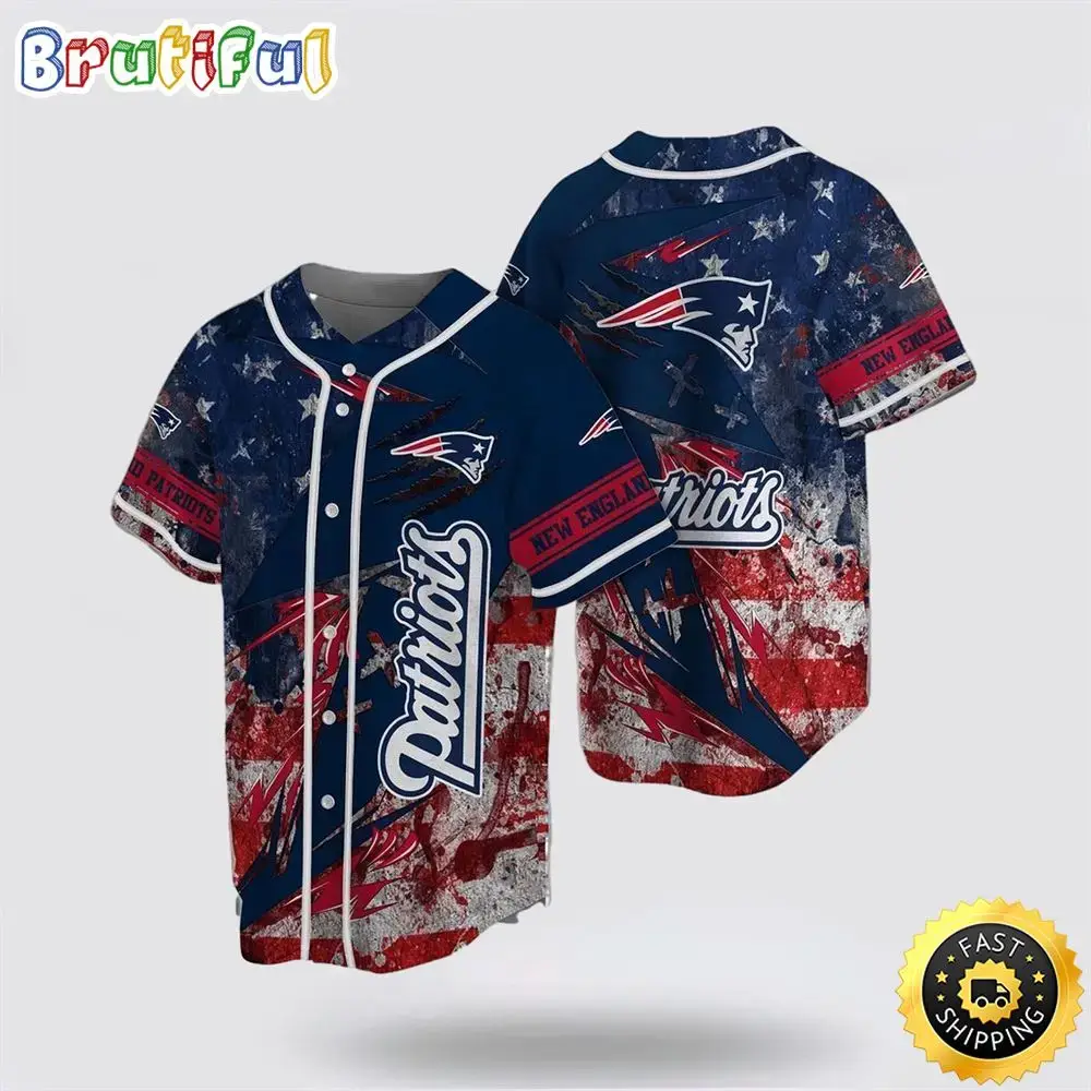 NFL New England Patriots Baseball Jersey Symbol American Flag Blue Red Jersey Shirt Image