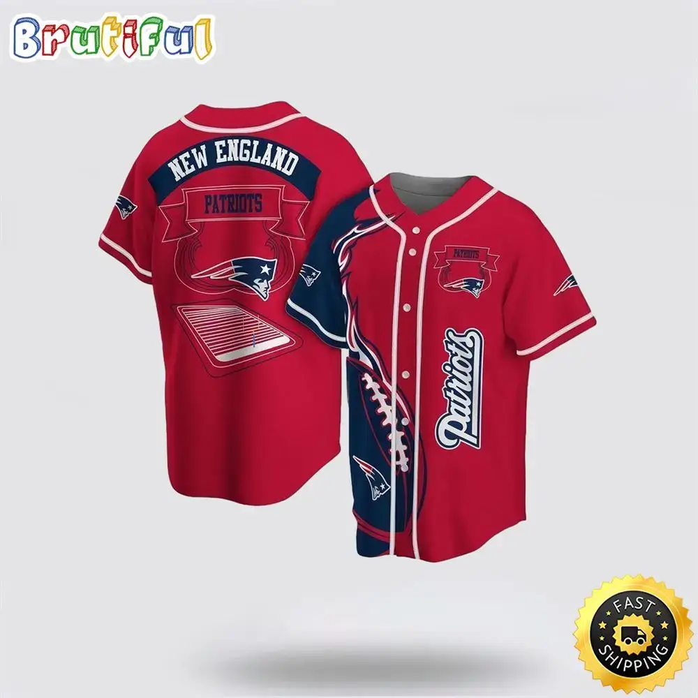 NFL New England Patriots Baseball Jersey Symbol Fire Rugby Ball Graphic Red Jersey Shirt Image