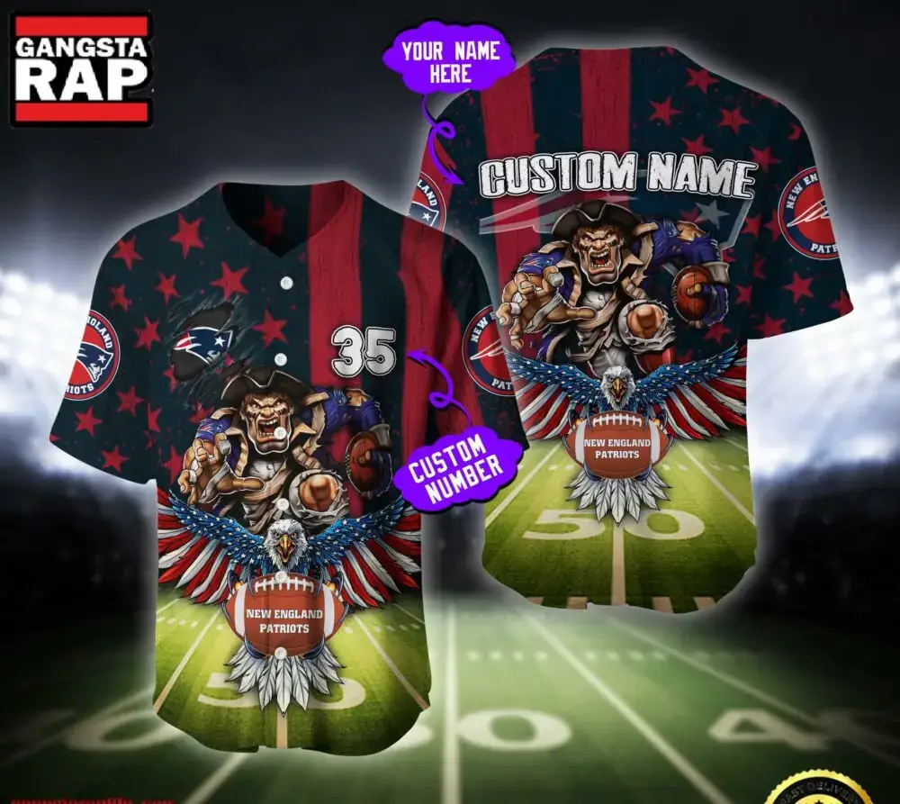 NFL New England Patriots Eagle US Flag x Veterans Custom Name Number Baseball Jersey Shirt Image