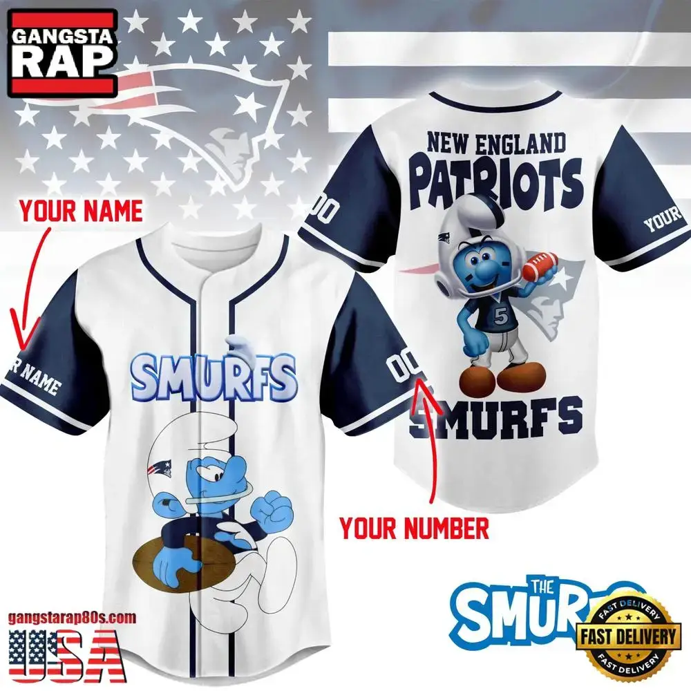 NFL New England Patriots The Smurfs Movie Unique Design Custom Baseball Jersey Image