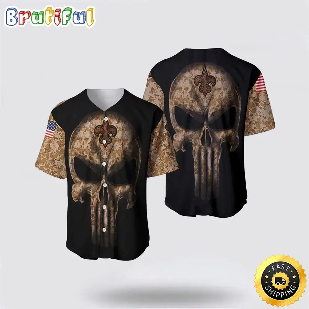 NFL New Orleans Saints Baseball Jersey Camouflage Skull American Flag Summer Gift For Fans Image