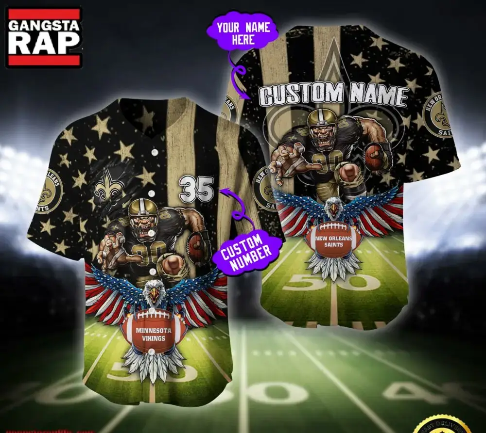 NFL New Orleans Saints Eagle US Flag x Veterans Custom Name Number Baseball Jersey Shirt Image