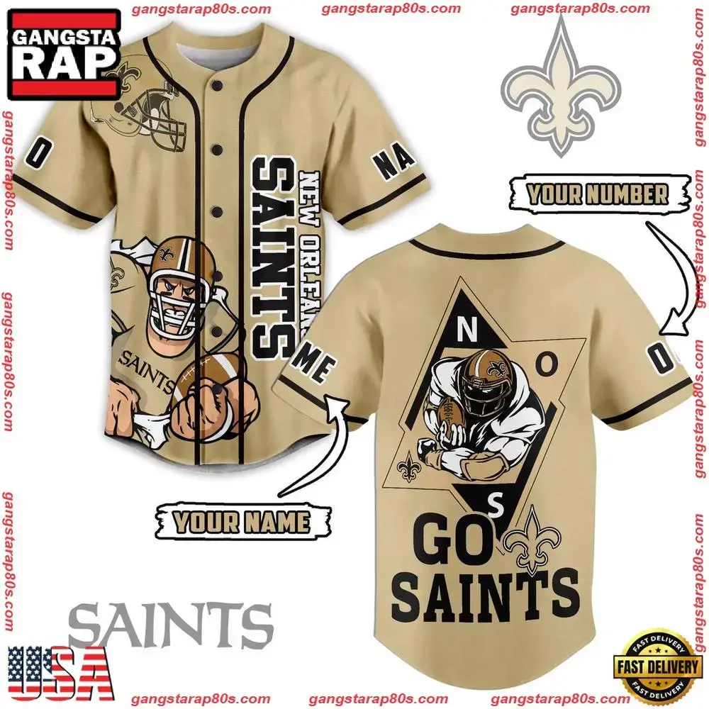 NFL New Orleans Saints Mascot Go Saints Custom Name Number Baseball Jersey Image