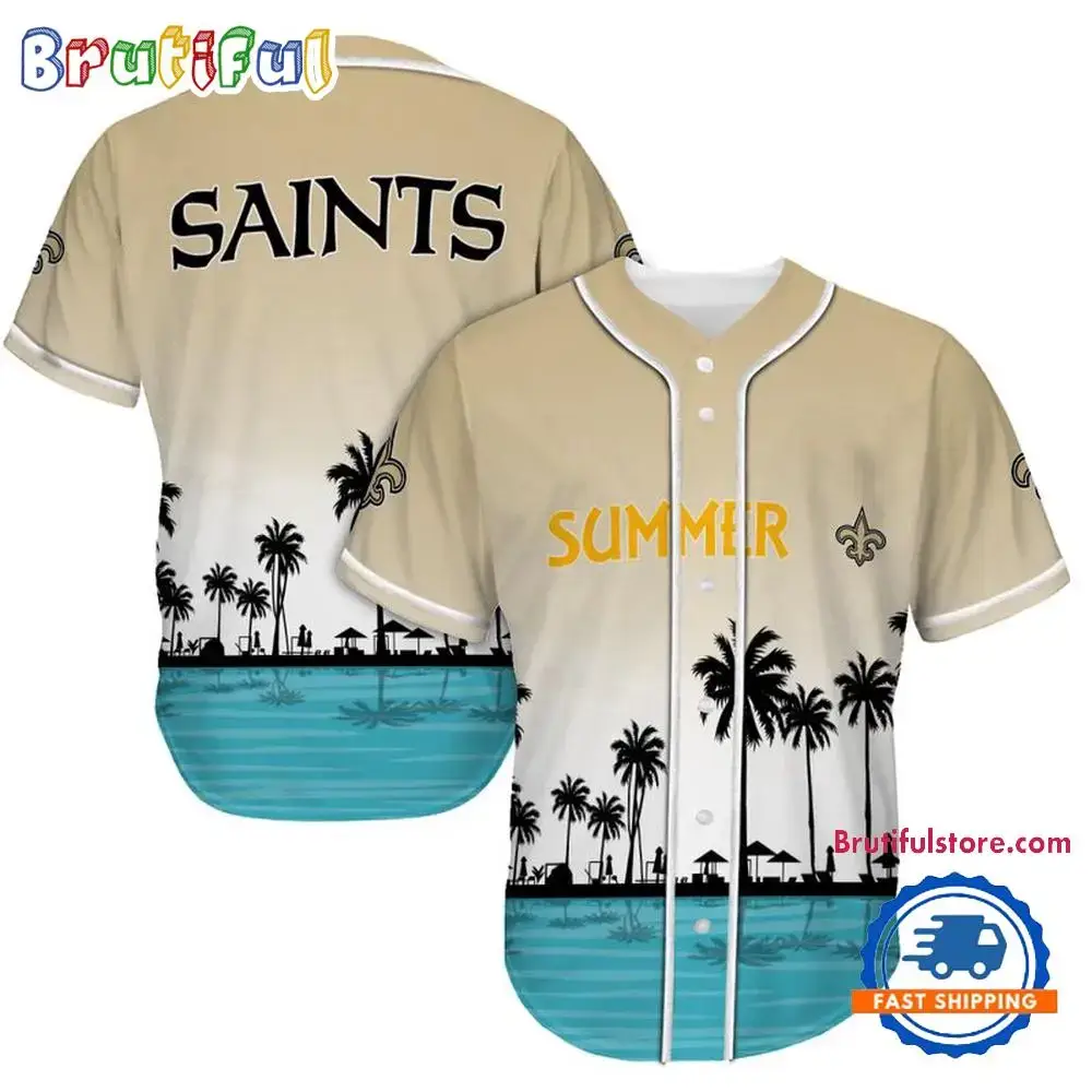 NFL New Orleans Saints Palm Trees Summer On The Beach Baseball Jersey Image