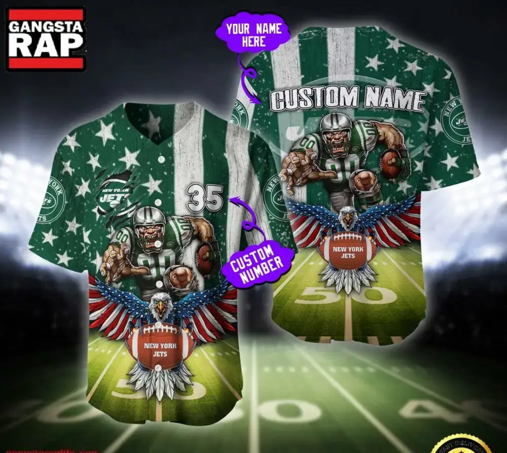 NFL New York Jets Eagle US Flag x Veterans Custom Name Number Baseball Jersey Shirt Image