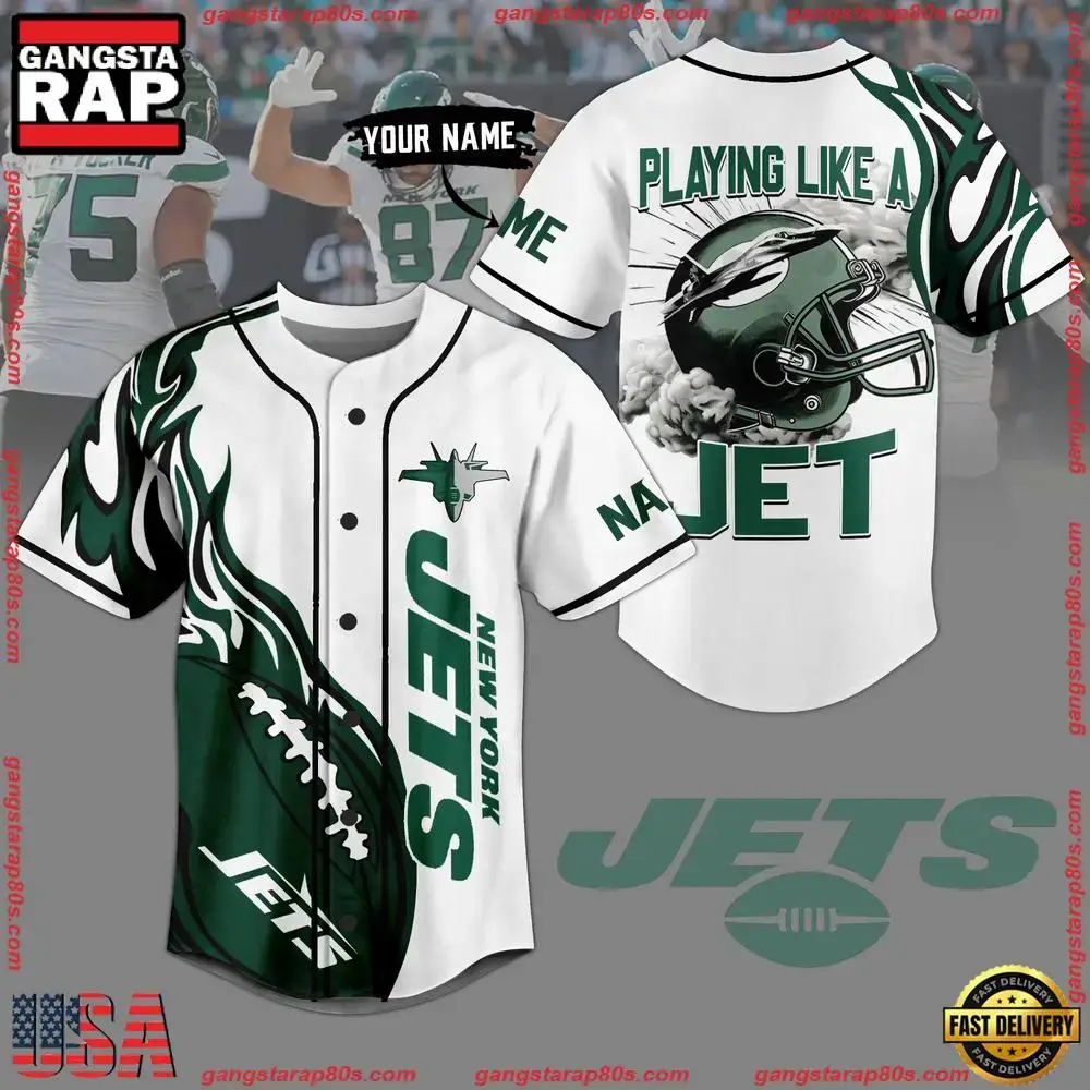 NFL New York Jets Playing Like A Jet Custom Name Baseball Jersey Image
