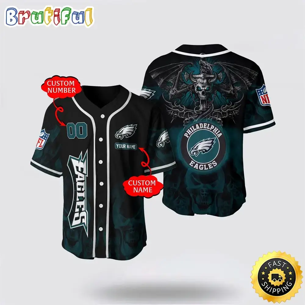 NFL Philadelphia Eagles Baseball Jersey 3D Personalized Skull Customization Options Available Image