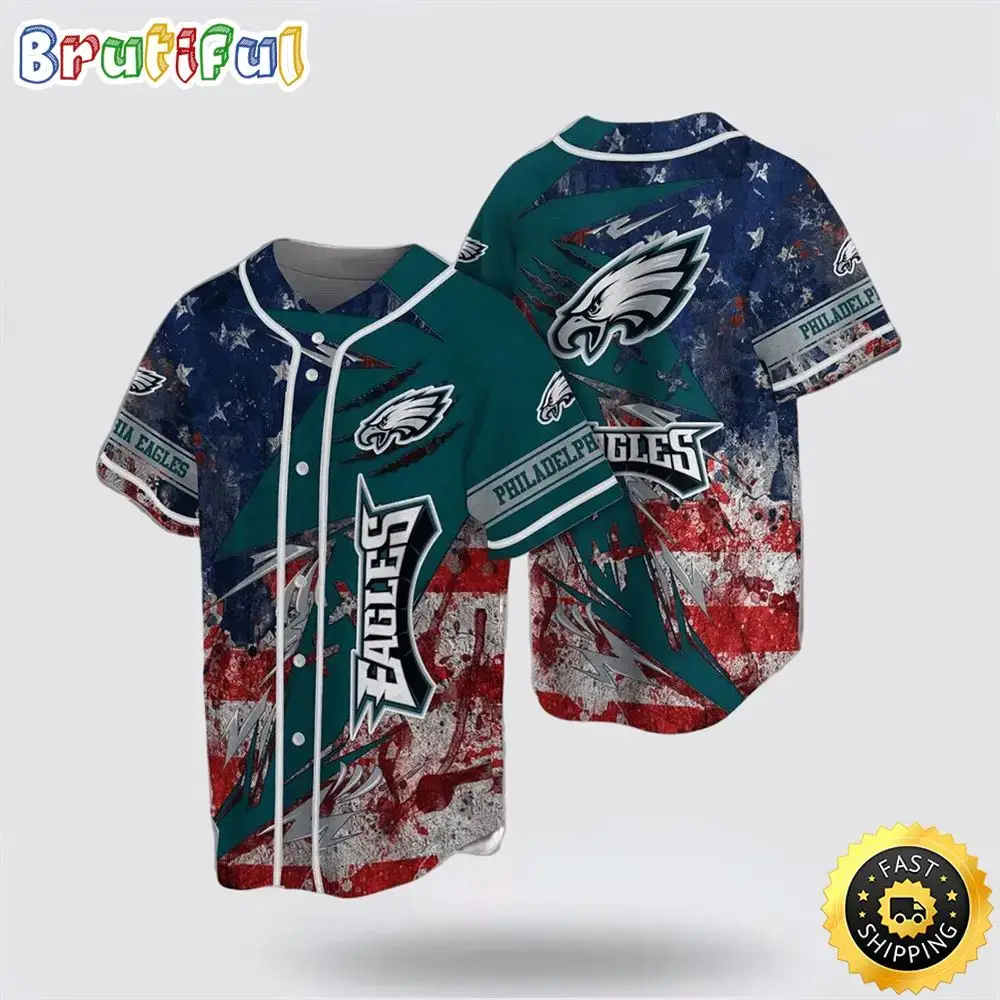 NFL Philadelphia Eagles Baseball Jersey Symbol American Flag Blue Red Green Jersey Shirt Image