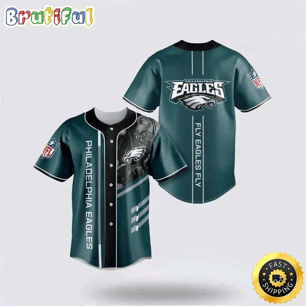 NFL Philadelphia Eagles Baseball Jersey Team Symbol Fly Eagles Fly Green Jersey Shirt Image