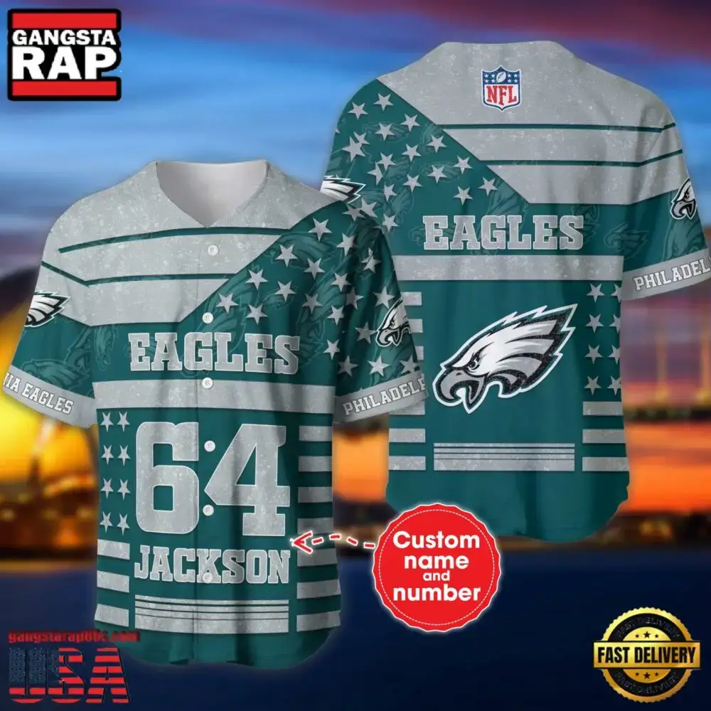 NFL Philadelphia Eagles Custom Name Number Name Number American Flag Baseball Jersey Shirt Image