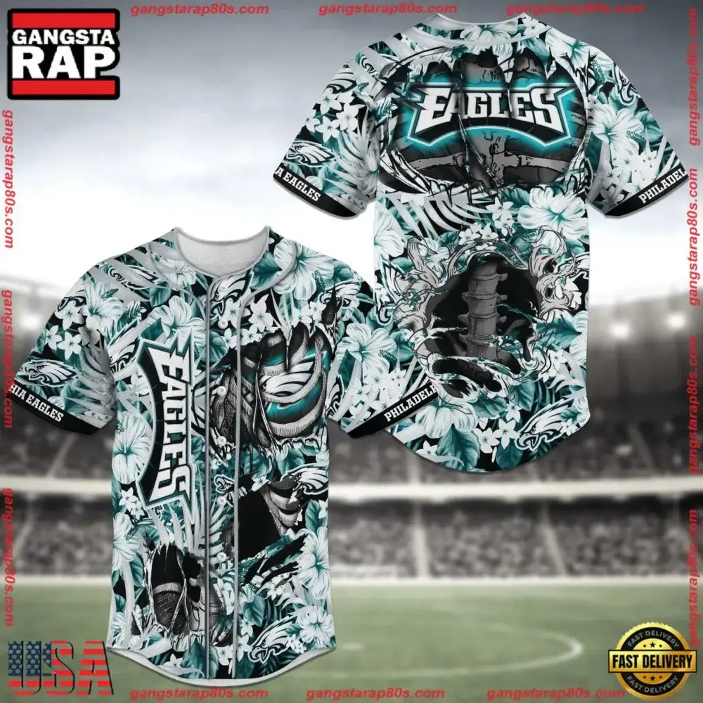 NFL Philadelphia Eagles Flower Skeleton New Design Baseball Jersey Shirt Image