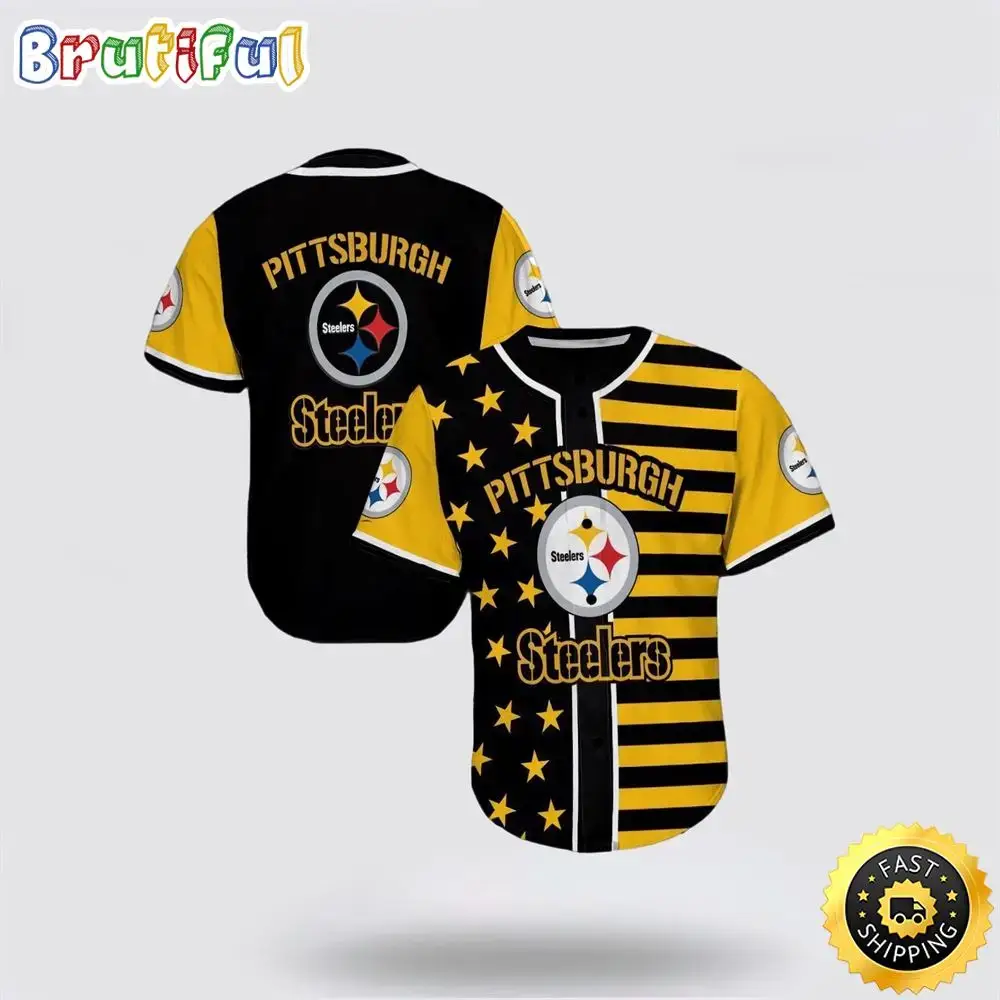 NFL Pittsburgh Steelers Baseball Jersey Symbol Star And Stripes Yellow Black Jersey Shirt Image