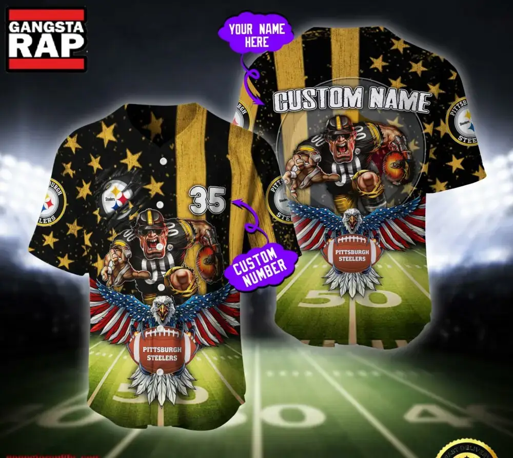 NFL Pittsburgh Steelers Eagle US Flag x Veterans Custom Name Number Baseball Jersey Shirt Image