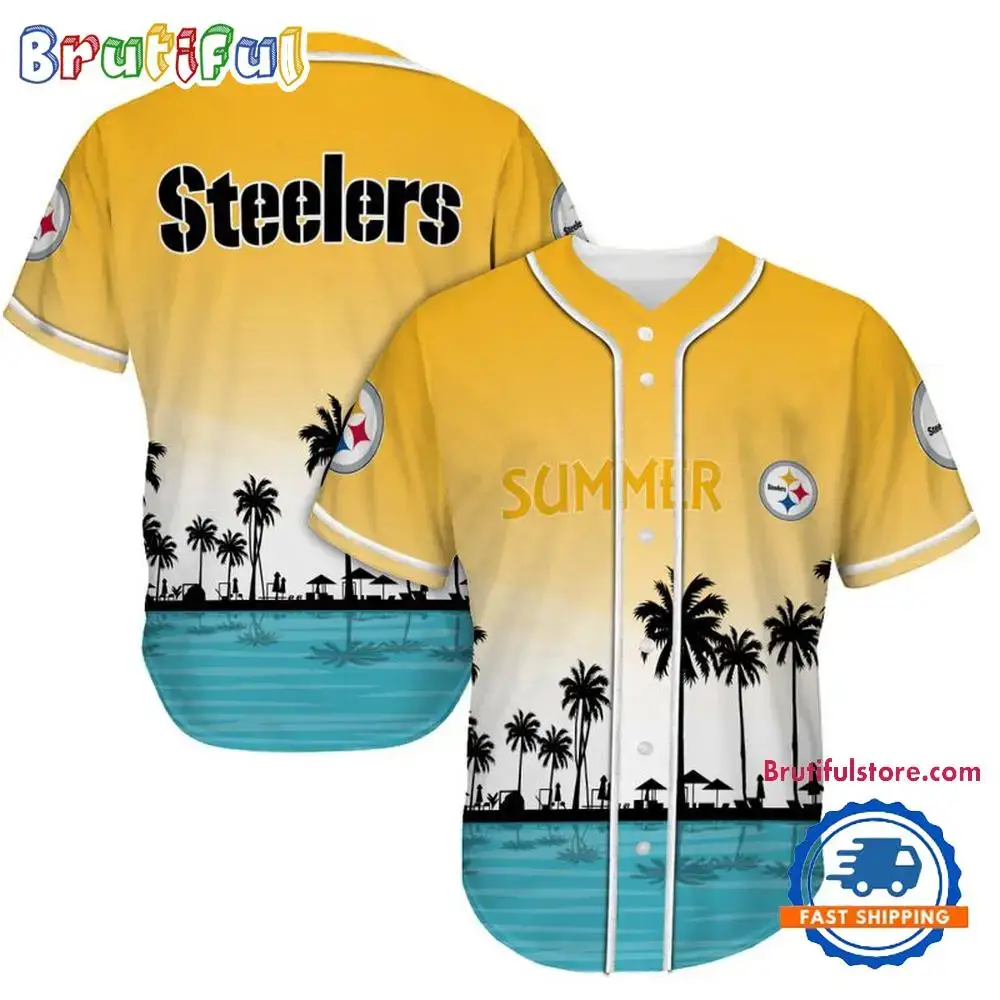 NFL Pittsburgh Steelers Palm Trees Summer On The Beach Baseball Jersey Image
