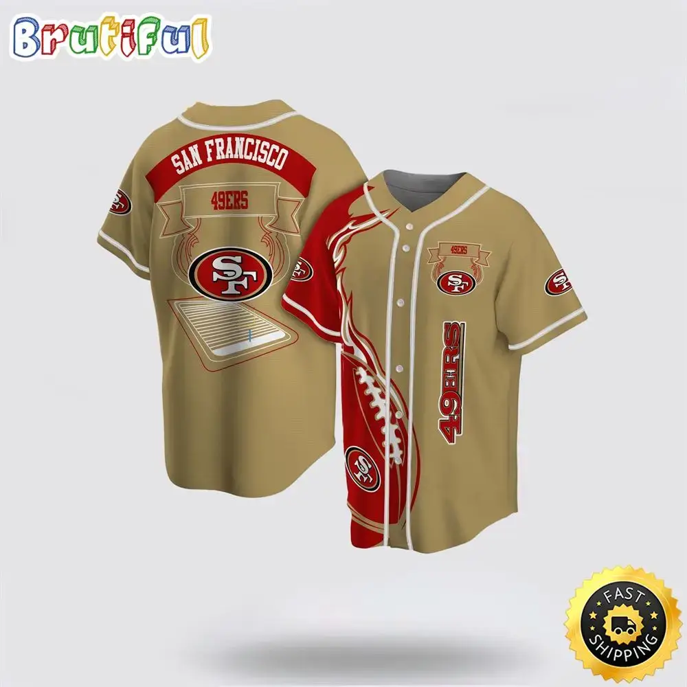 NFL San Francisco 49ers Baseball Jersey Symbol Fire Rugby Ball Red Brown Jersey Shirt Image