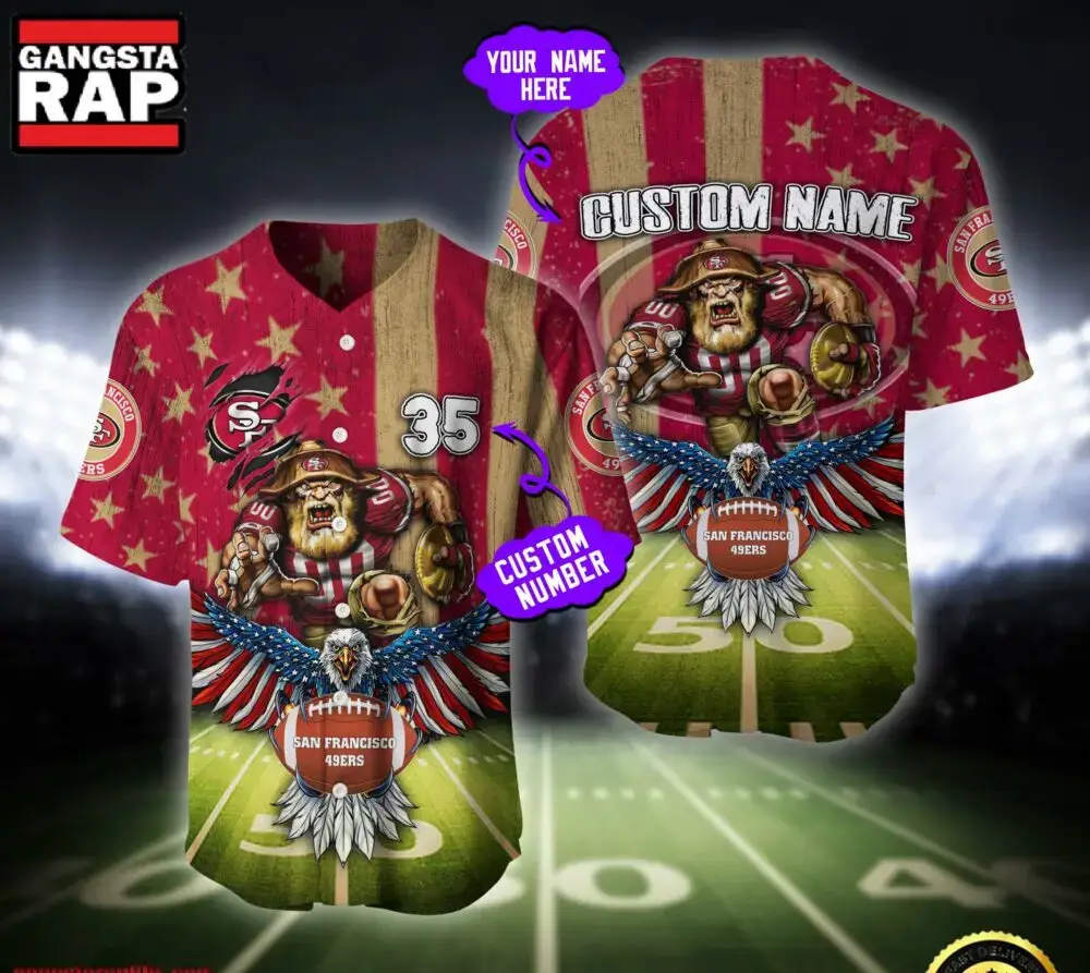 NFL San Francisco 49ers Eagle US Flag x Veterans Custom Name Number Baseball Jersey Shirt Image