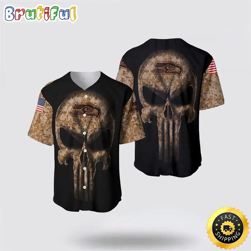 NFL Seattle Seahawks Baseball Jersey Camouflage Skull Summer Gift For Fans Image