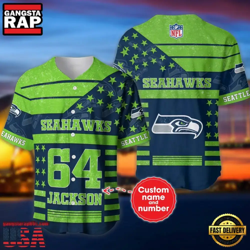 NFL Seattle Seahawks Custom Name Number Name Number American Flag Baseball Jersey Shirt Image