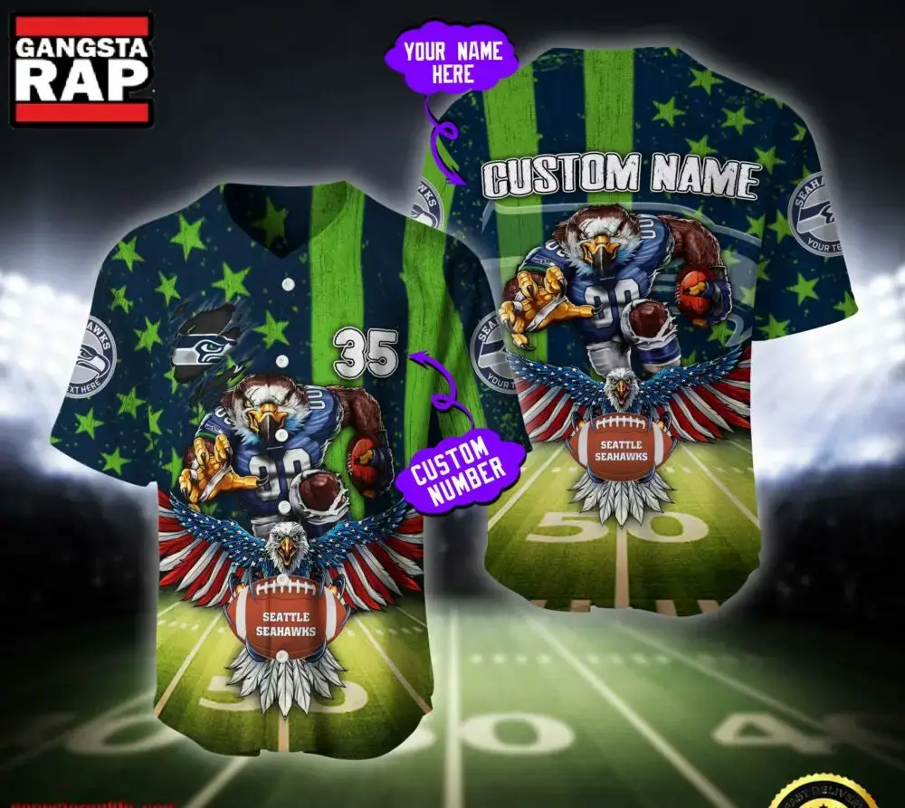NFL Seattle Seahawks Eagle US Flag x Veterans Custom Name Number Baseball Jersey Shirt Image