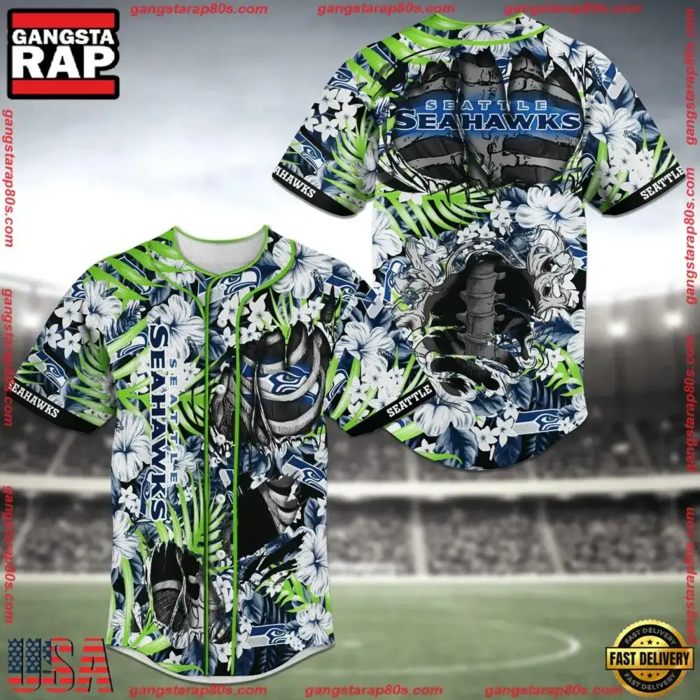NFL Seattle Seahawks New Design Baseball Jersey Shirt Skeleton Image