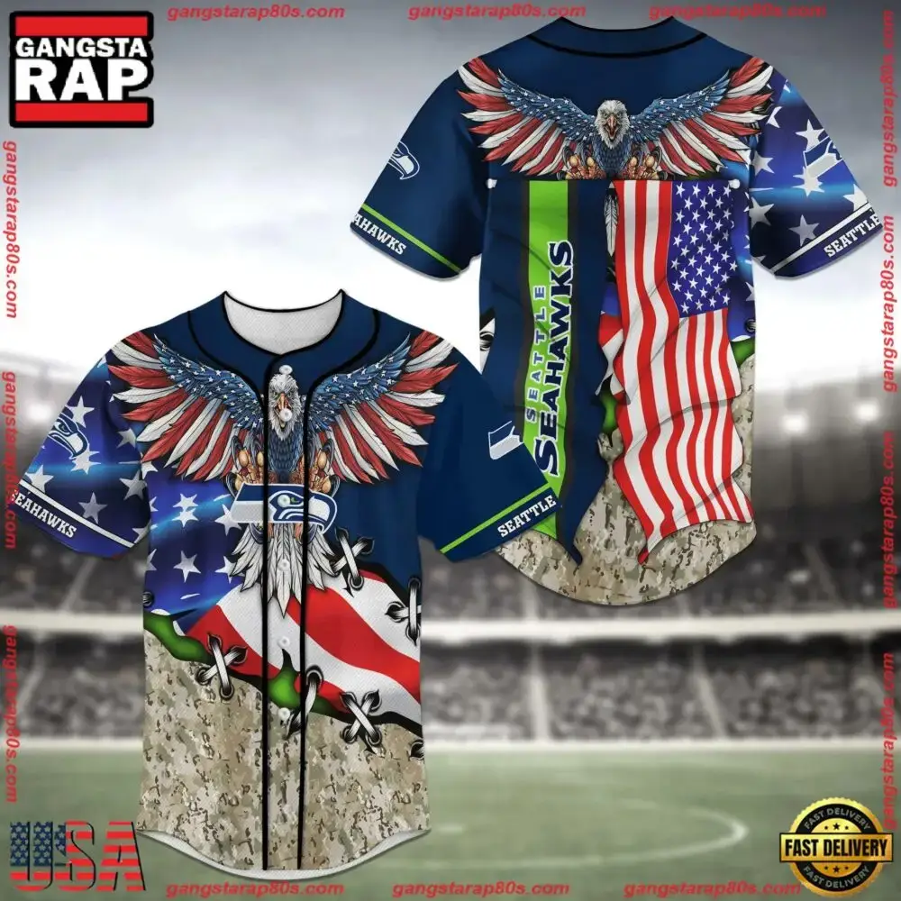 NFL Seattle Seahawks US Flag Eagle New Design Baseball Jersey Shirt Image