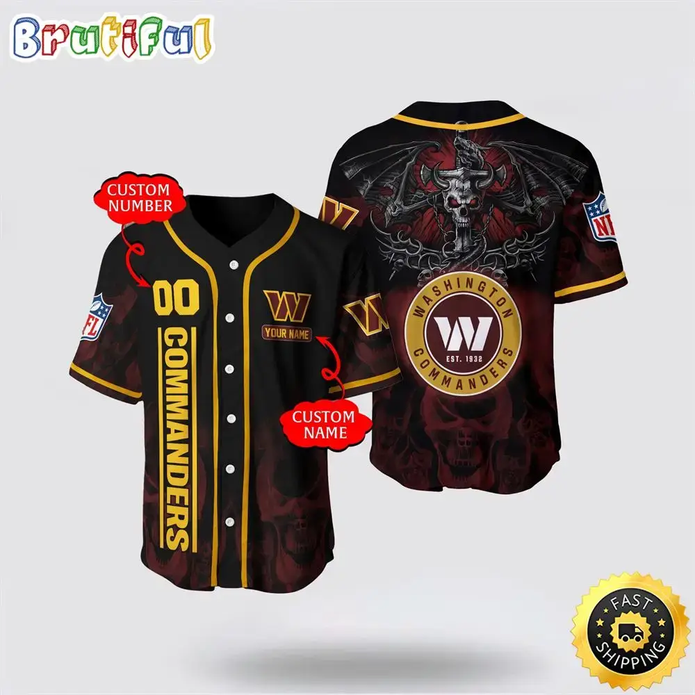 NFL Washington Commanders Baseball Jersey 3D Personalized Skull Customization Options Available Image