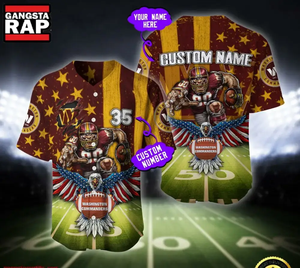 NFL Washington Commanders Eagle US Flag x Veterans Custom Name Number Baseball Jersey Shirt Image