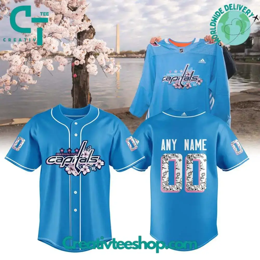 Nhl Washington Capitals Cherry Blossom Blue Baseball Jersey Image