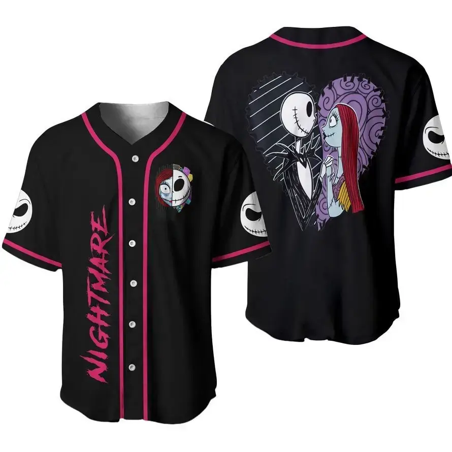 Nightmare Baseball Jersey - Spooky Couples Design, Unisex, Perfect Gift, Black & Pink Image