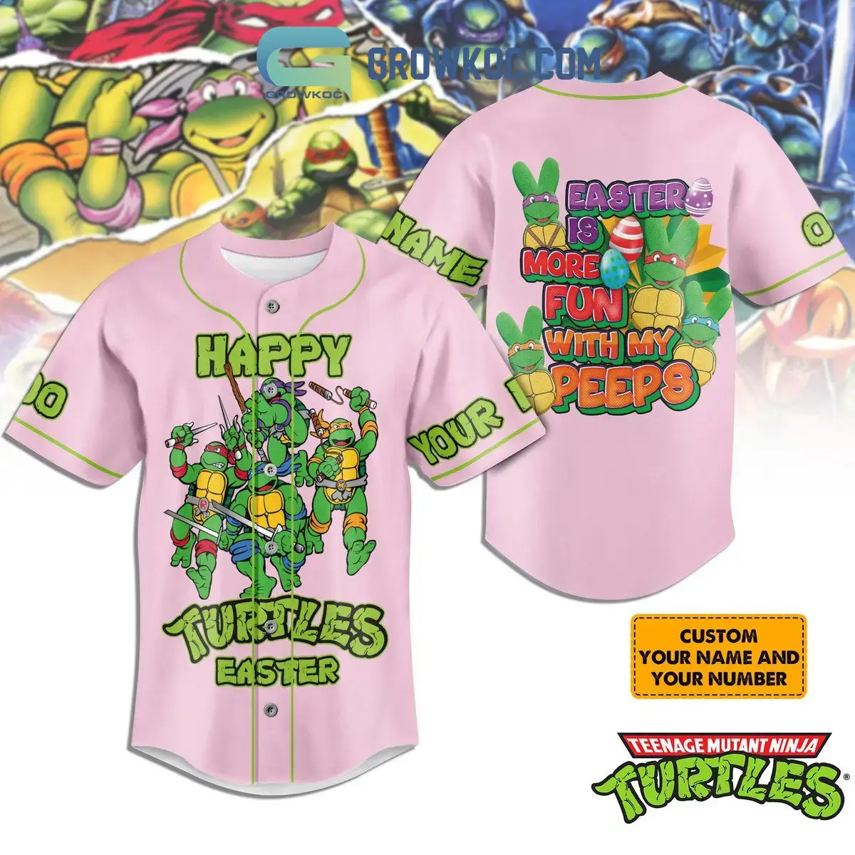 Ninja Turtles Easter Is More Fun With My Peeps Pink Personalized Baseball Jersey Image