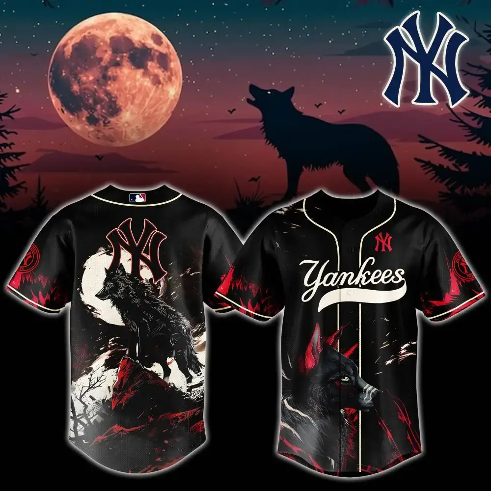 Ny Yankees Wolf Moon Baseball Jersey - Unique Nighttime Design For Fans Image