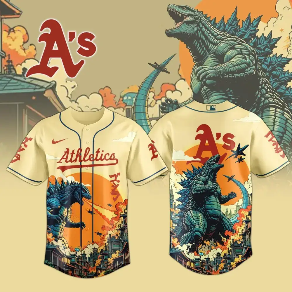 Oakland Athletics Mlb X Godzilla Attack Custom Baseball Jersey Image