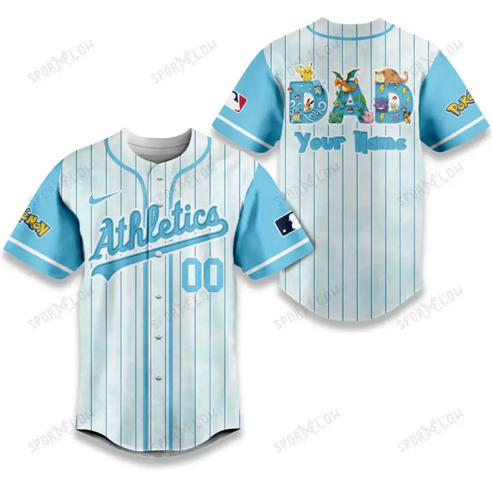 Oakland Athletics X Pokemon Dad Pastel Blue Baseball Jersey Image