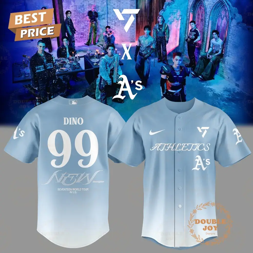 Oakland Athletics x SEVENTEEN DINO Num99 World Tour 2025 Sky Blue Baseball Jersey Image