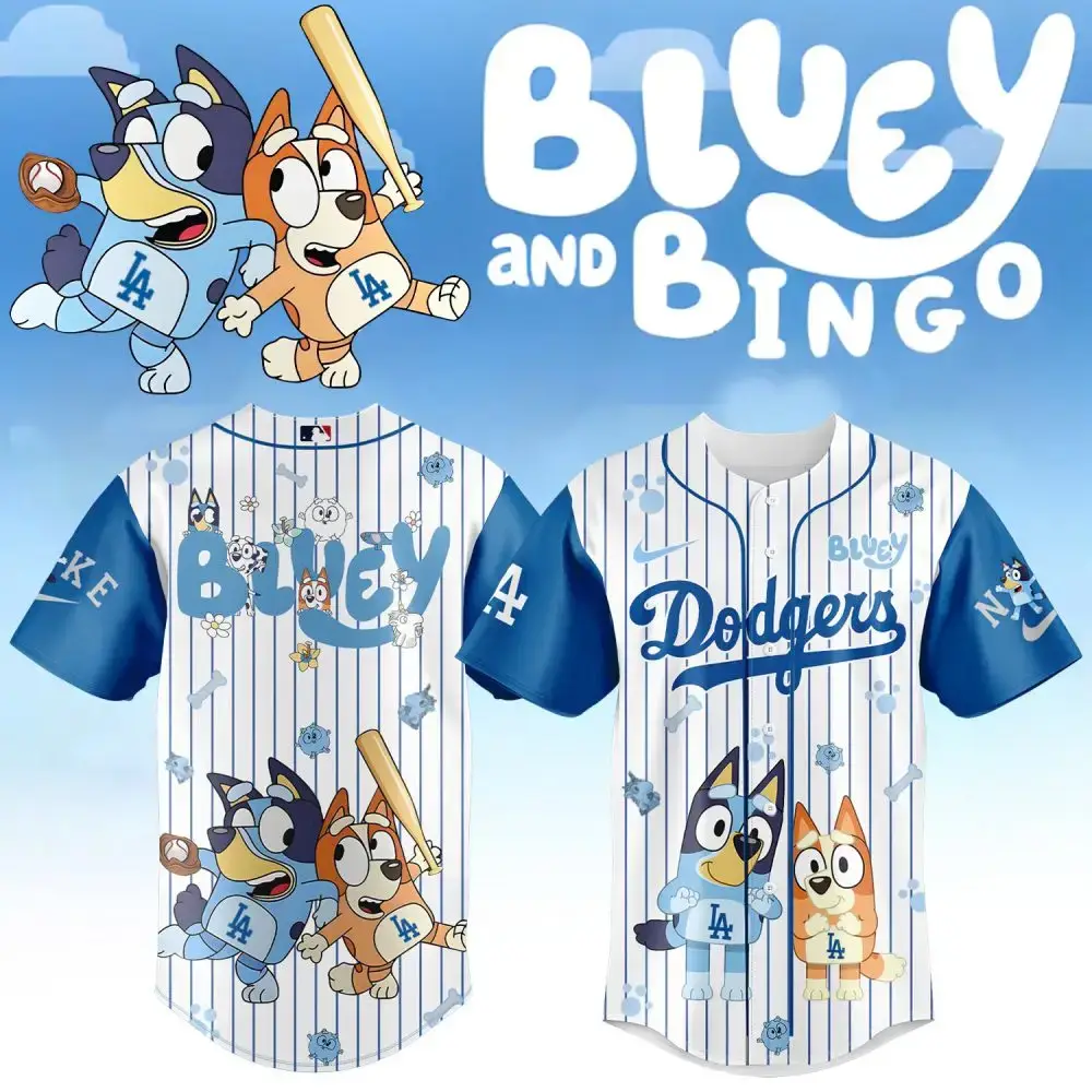 Official Bluey & Bingo Dodgers Baseball Jersey - Fun Kids Sports Shirt Image