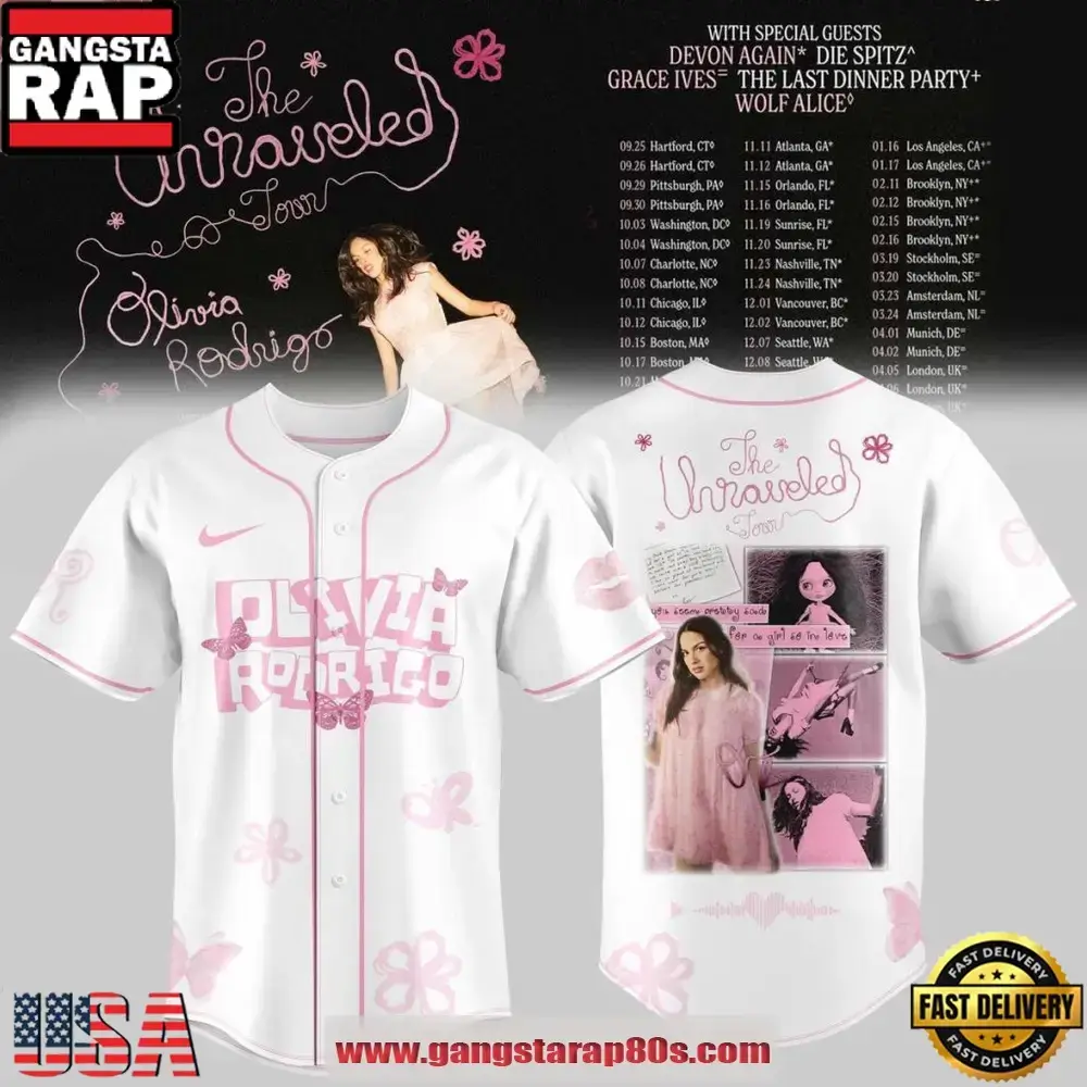 Olivia Rodrigo The Unraveled Tour 2026 White Baseball Jersey Image