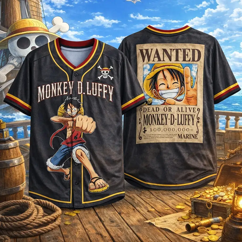 One Piece Luffy Wanted 2026 Baseball Jersey Image