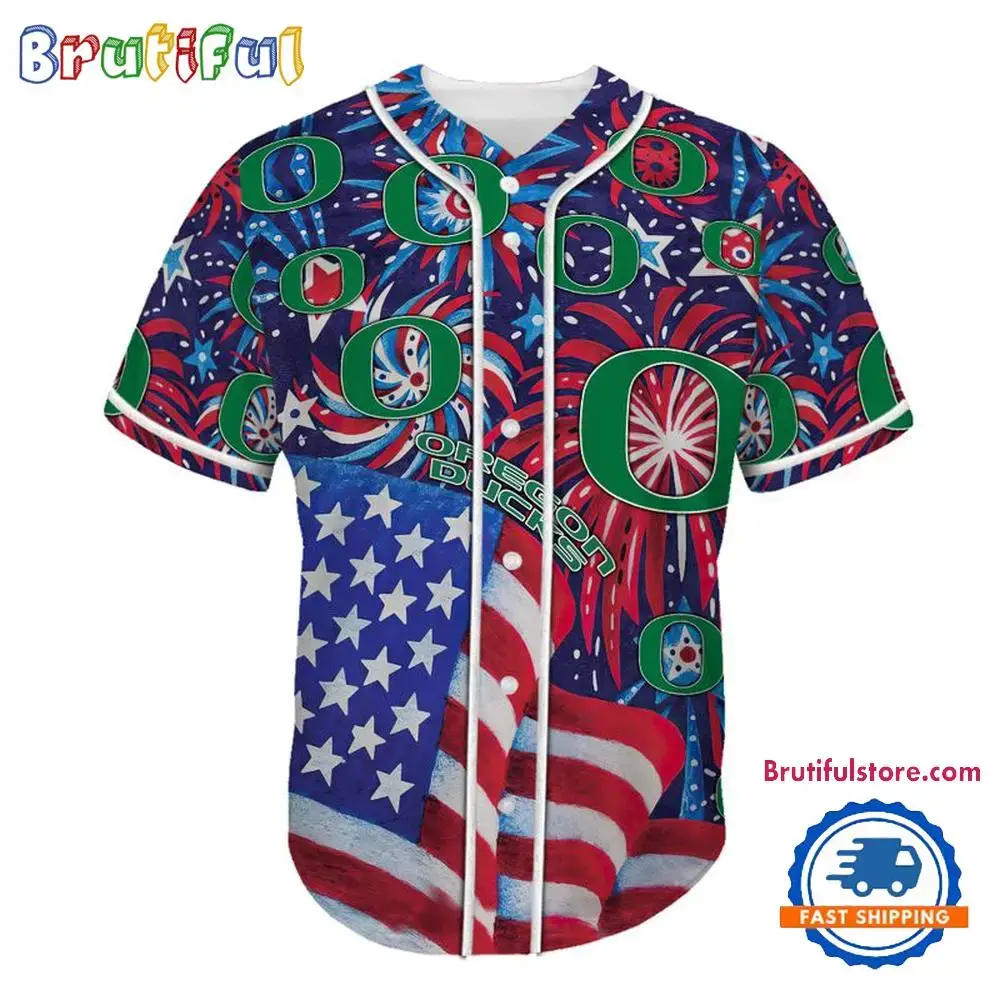Oregon Ducks USA Flag Independence Day Baseball Jersey, Sport Team 4th of July Jersey Image